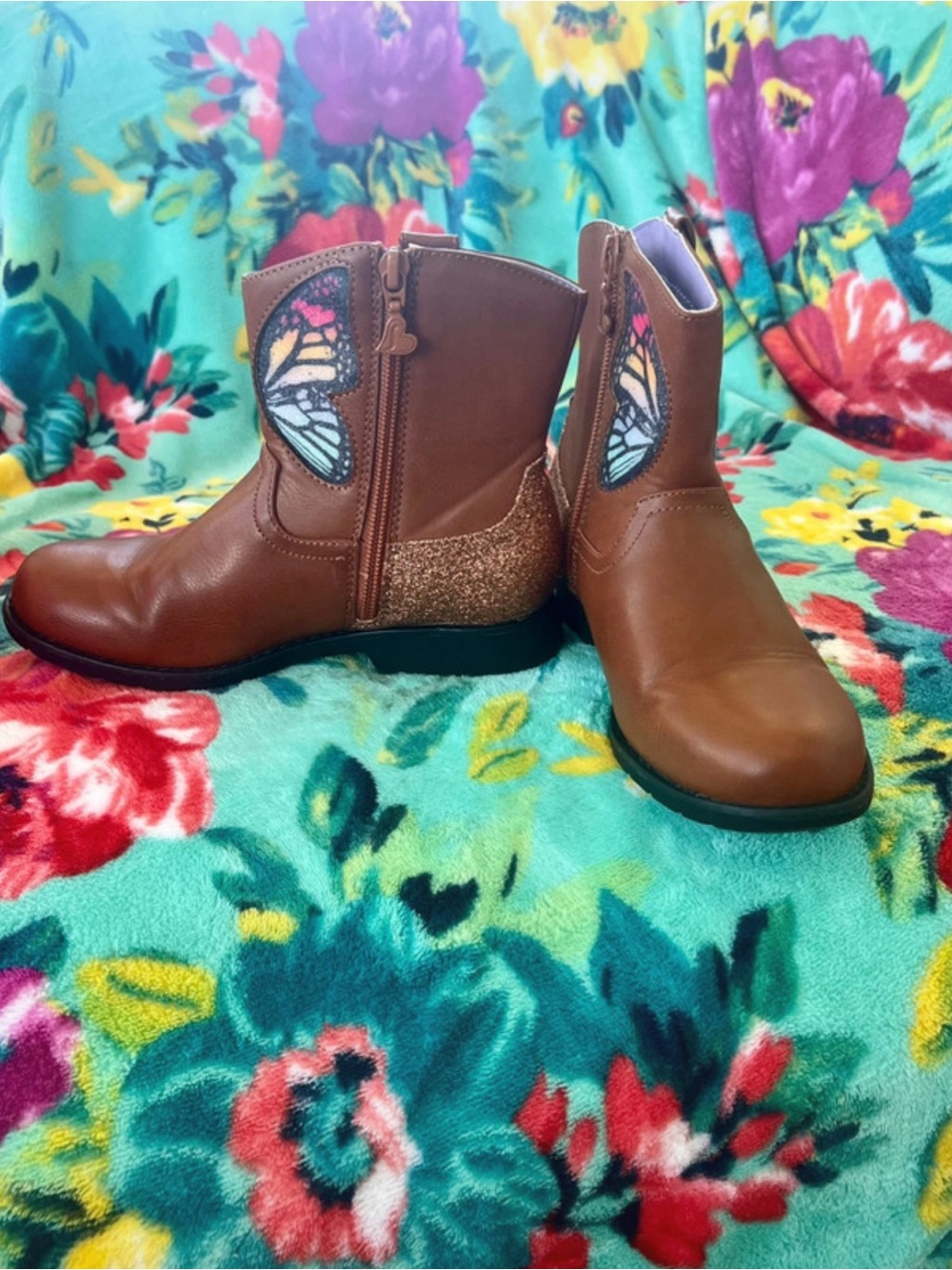 Skechers Girls' Brown Boots with Butterfly Patch & Glitter Heel